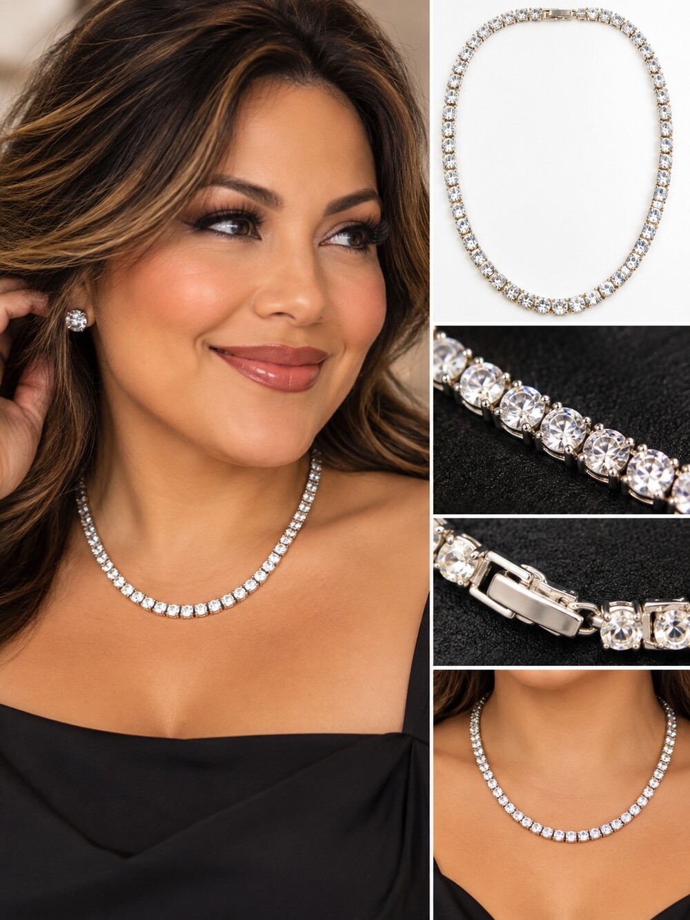 Vintage Silver Tone Crystal Rhinestone Tennis Necklace 18" Bridal Glam